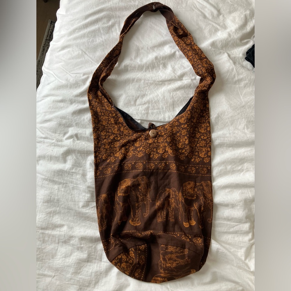 Brown Elephant-Print Boho Sling Shoulder Bag